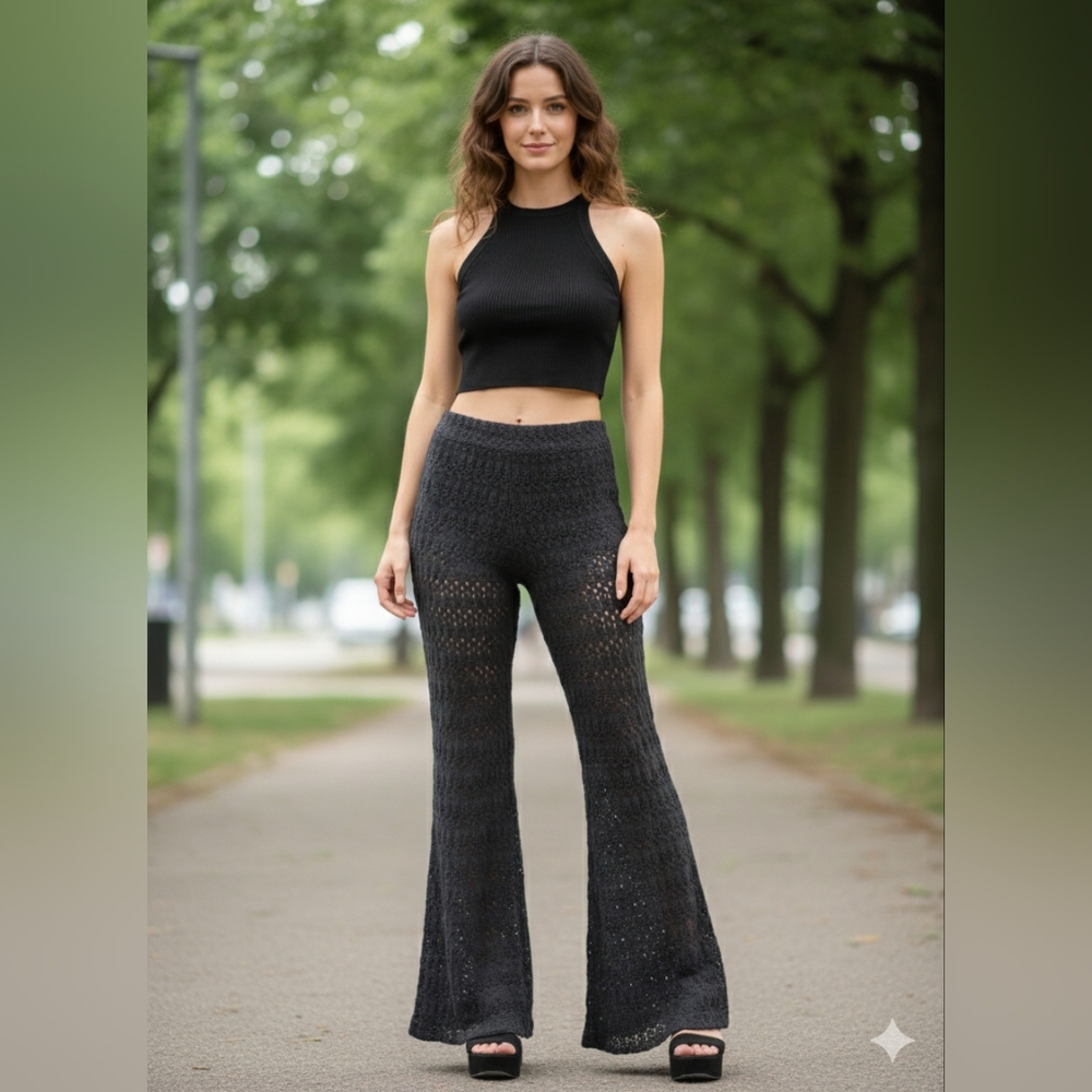 Free People Extreme Knit Crochet Flare Pants Dark Gray Size 8